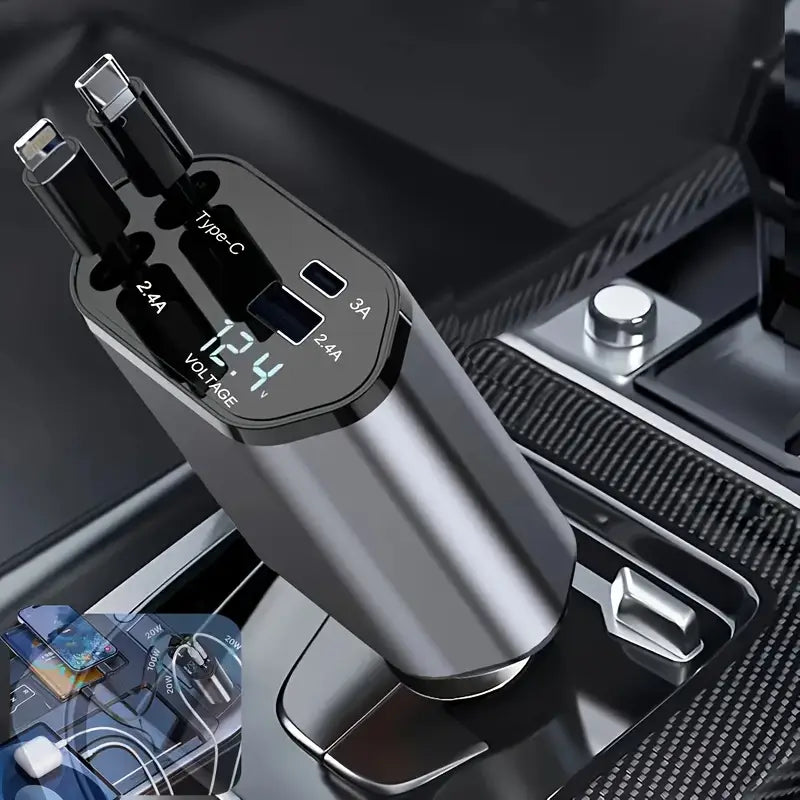Universal 120W Retractable Car Charger, 4-Port with Adjustable Head