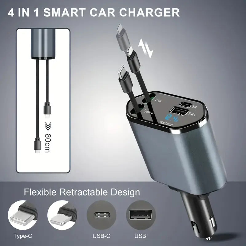Universal 120W Retractable Car Charger, 4-Port with Adjustable Head