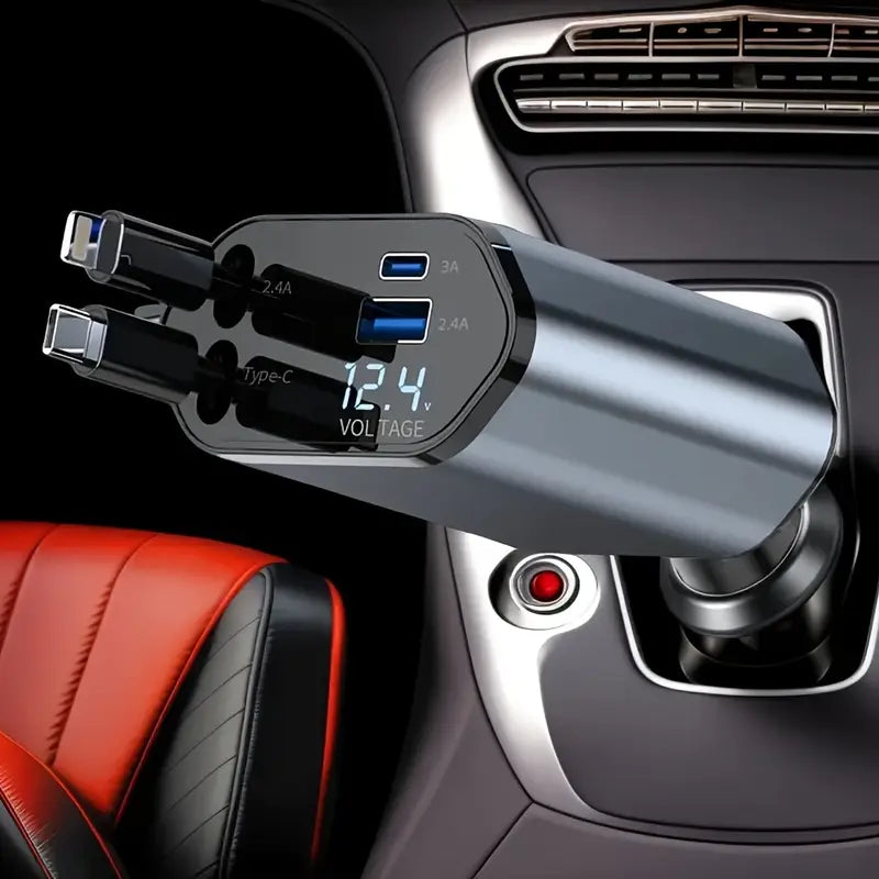 Universal 120W Retractable Car Charger, 4-Port with Adjustable Head