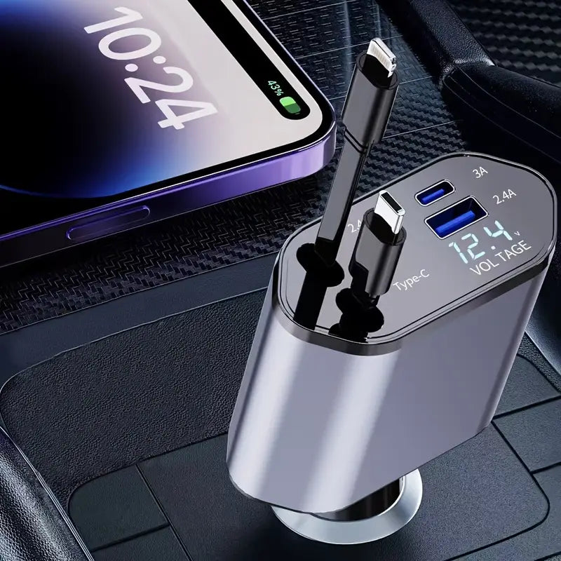 Universal 120W Retractable Car Charger, 4-Port with Adjustable Head