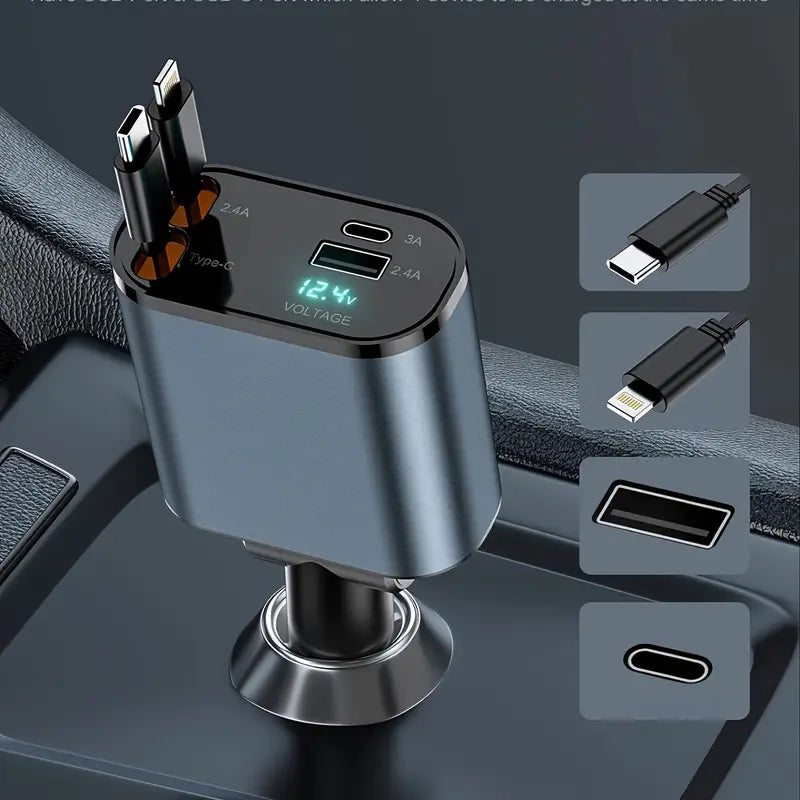 Universal 120W Retractable Car Charger, 4-Port with Adjustable Head